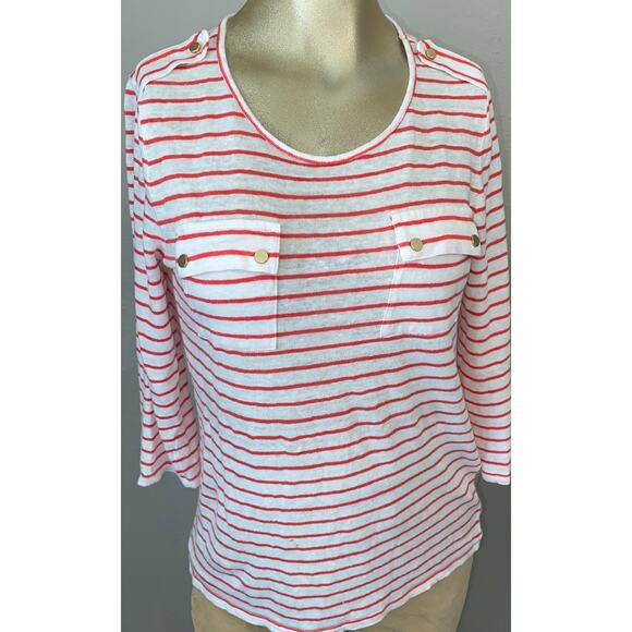 Chico's Size 0 Small Striped Nautical 3/4 Sleeve Top Costal Classic Preppy Linen - Picture 2 of 7